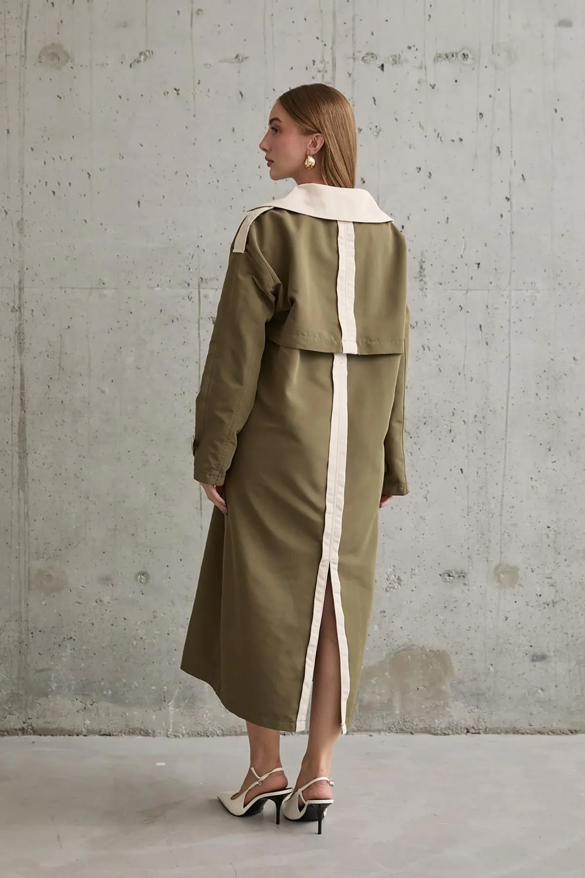 ELS Back Striped and Belted Trench Coat - Khaki - Monroe