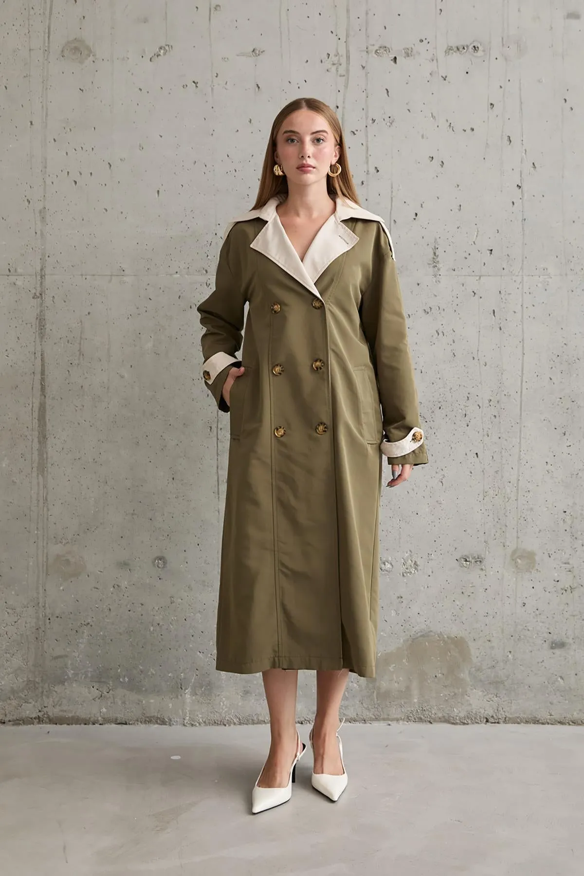 ELS Back Striped and Belted Trench Coat - Khaki - Monroe