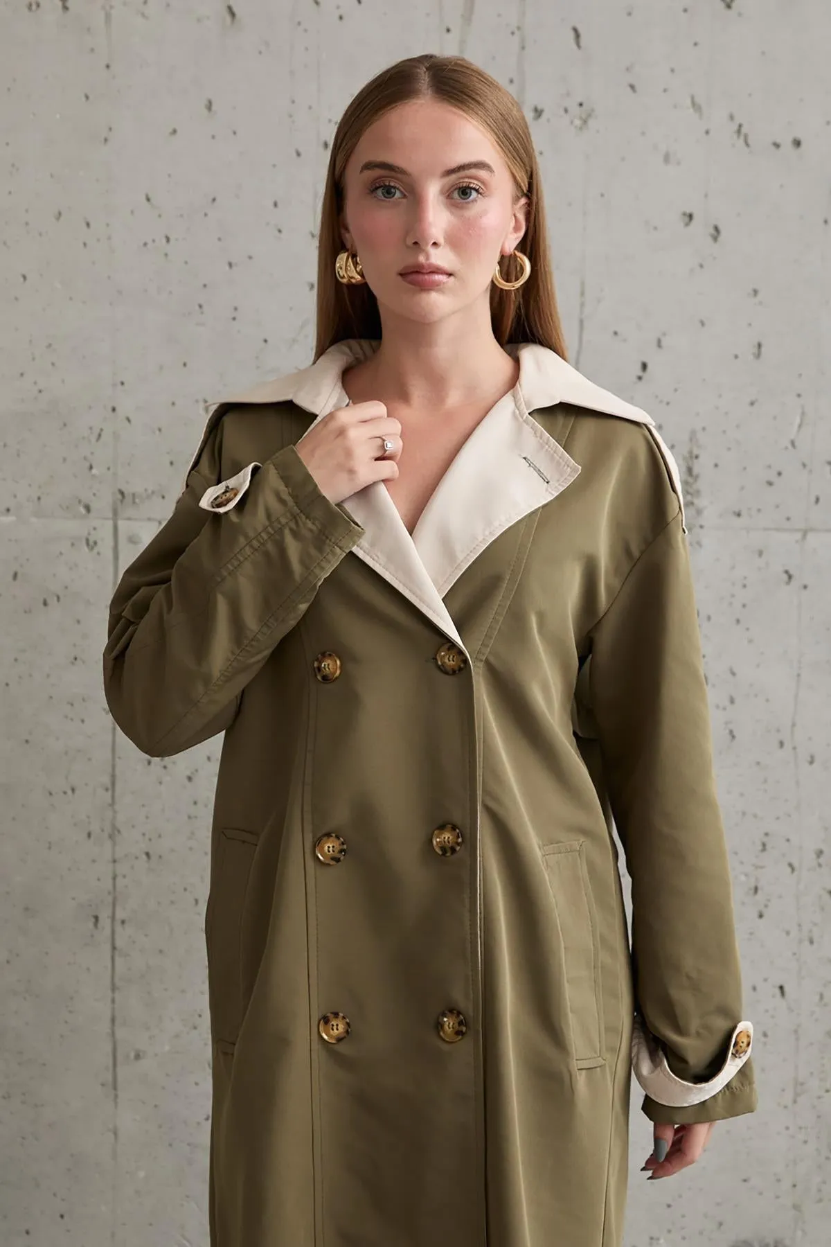 ELS Back Striped and Belted Trench Coat - Khaki - Monroe