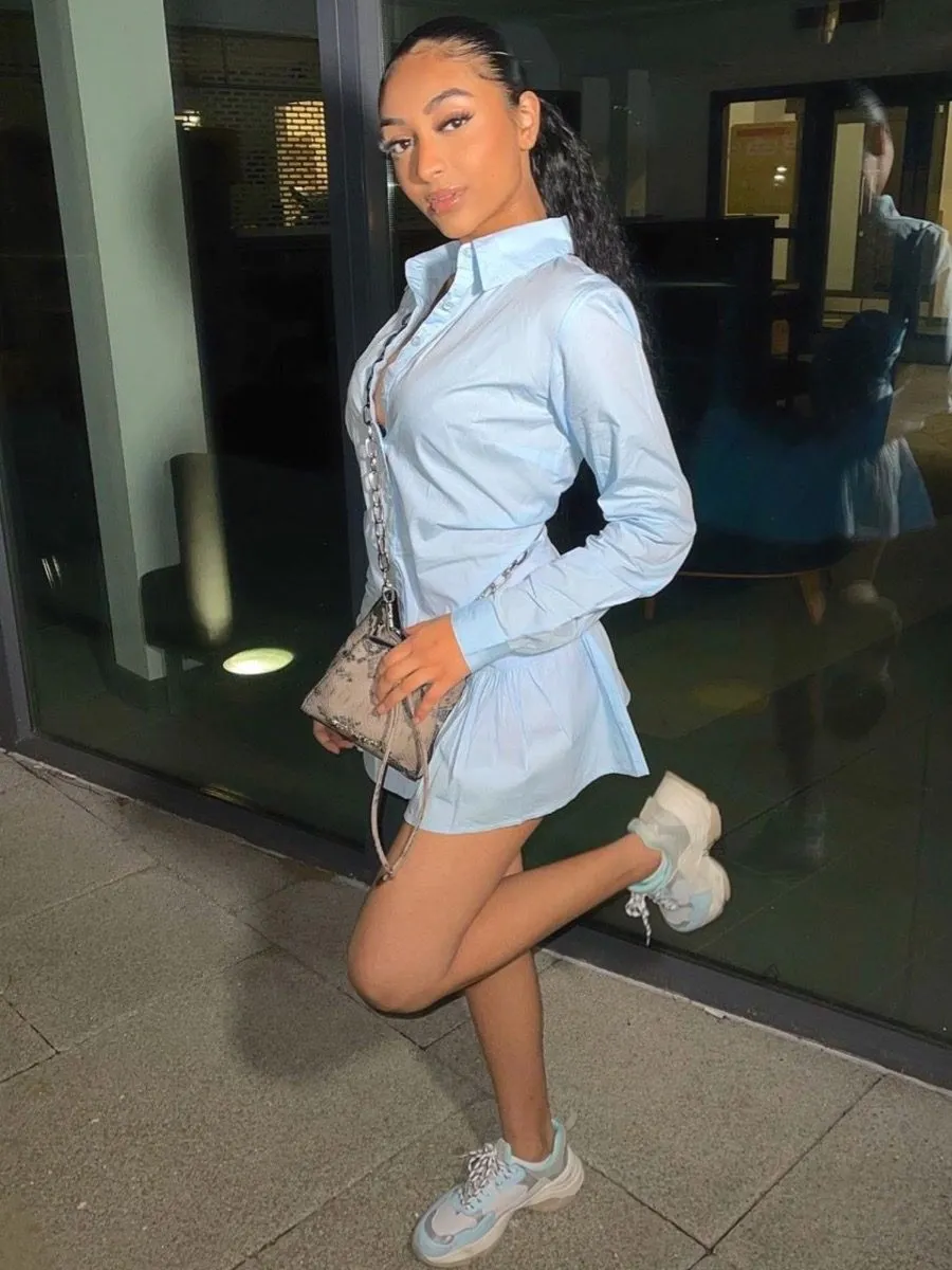 Fabiola Frill Hem Buttoned Shirt Dress In Blue