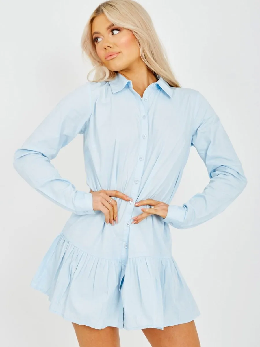 Fabiola Frill Hem Buttoned Shirt Dress In Blue
