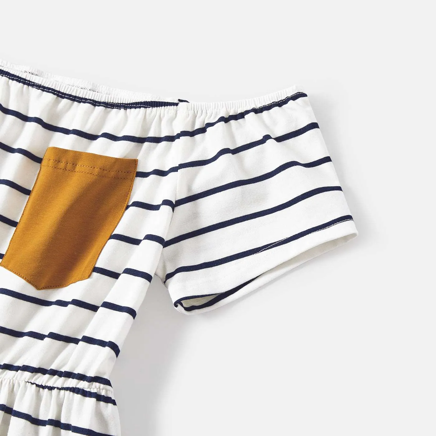 Family Matching 95% Cotton Striped Off Shoulder Belted Dresses and Short-sleeve Colorblock T-shirts Sets