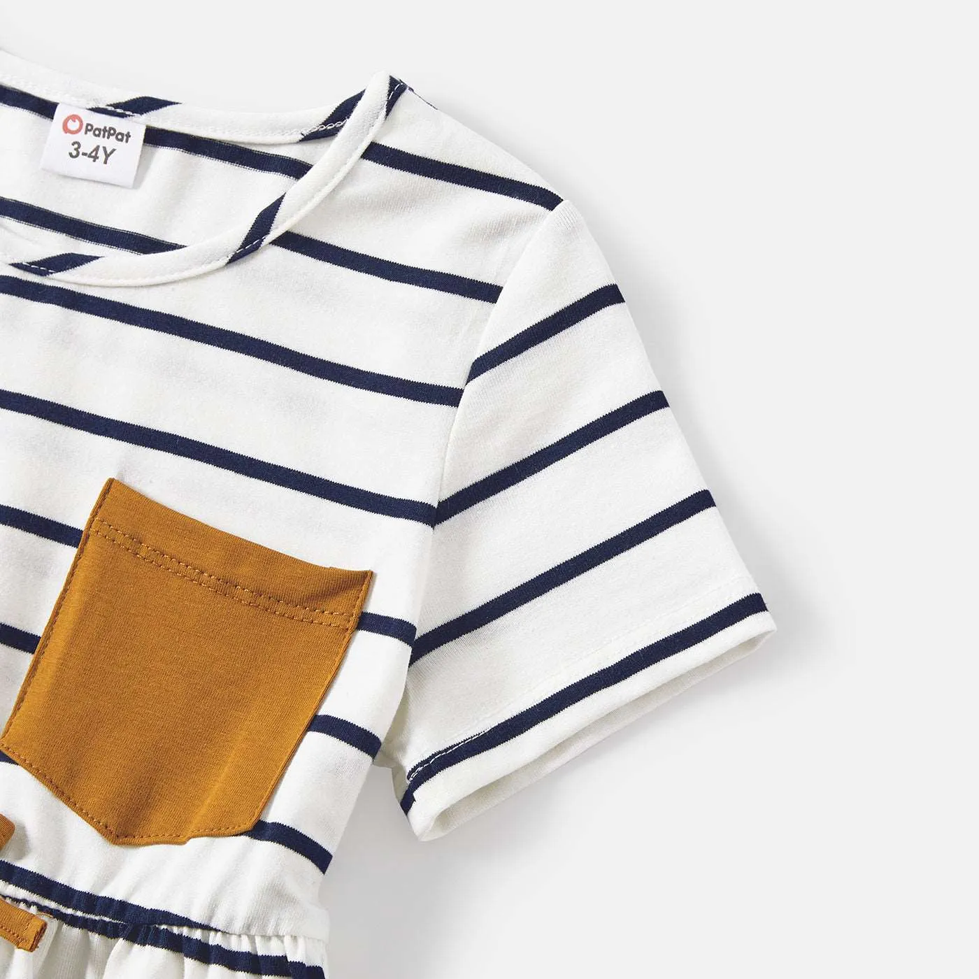Family Matching 95% Cotton Striped Off Shoulder Belted Dresses and Short-sleeve Colorblock T-shirts Sets