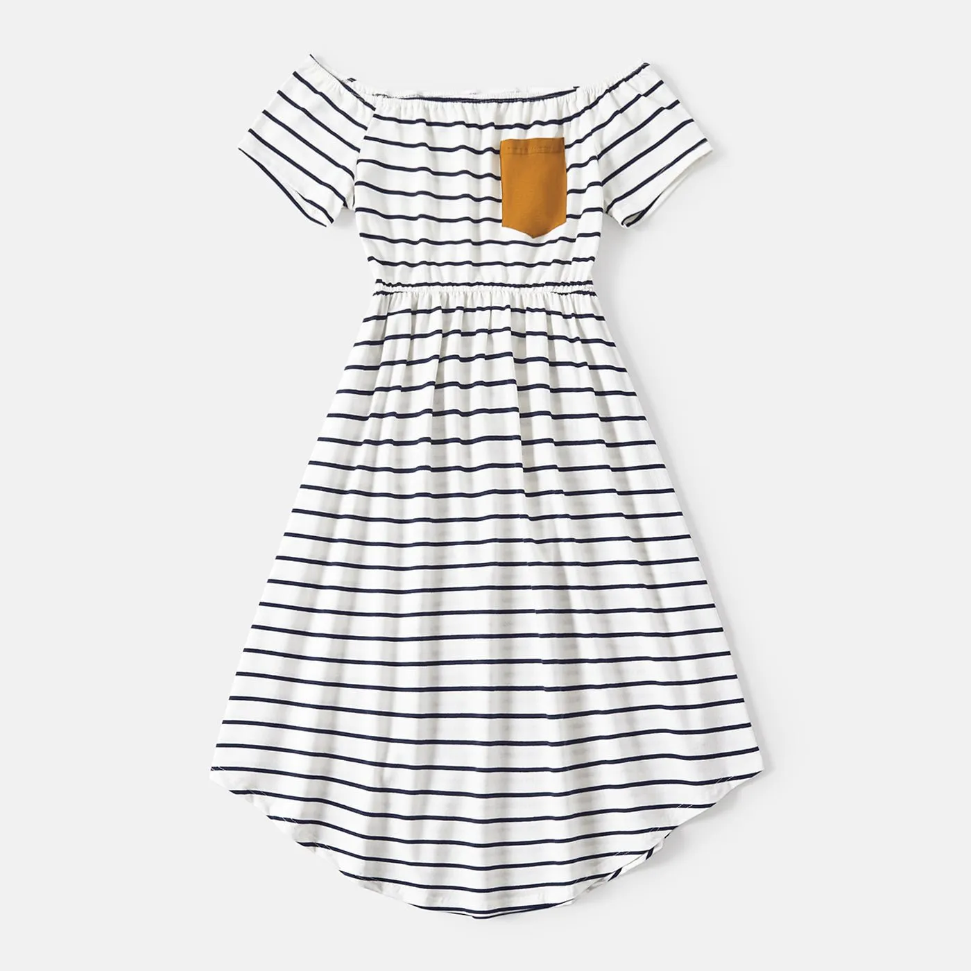 Family Matching 95% Cotton Striped Off Shoulder Belted Dresses and Short-sleeve Colorblock T-shirts Sets