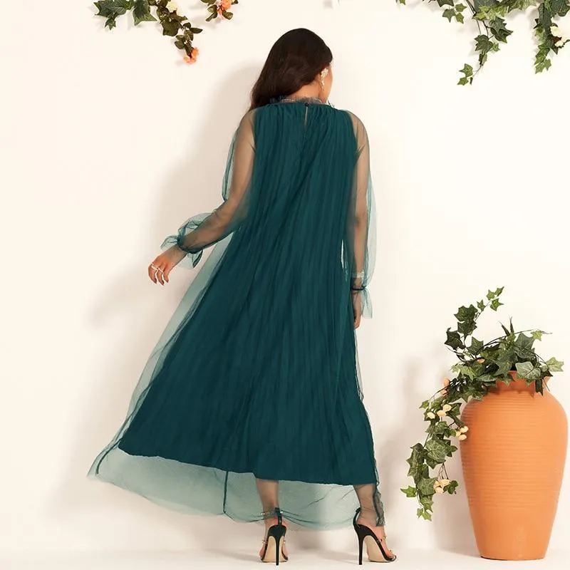 FashionSierra - Women's Long Dress Diamond Decoration Simple Banquet Net Yarn Loose Lantern Sleeve Long-sleeved Dresses