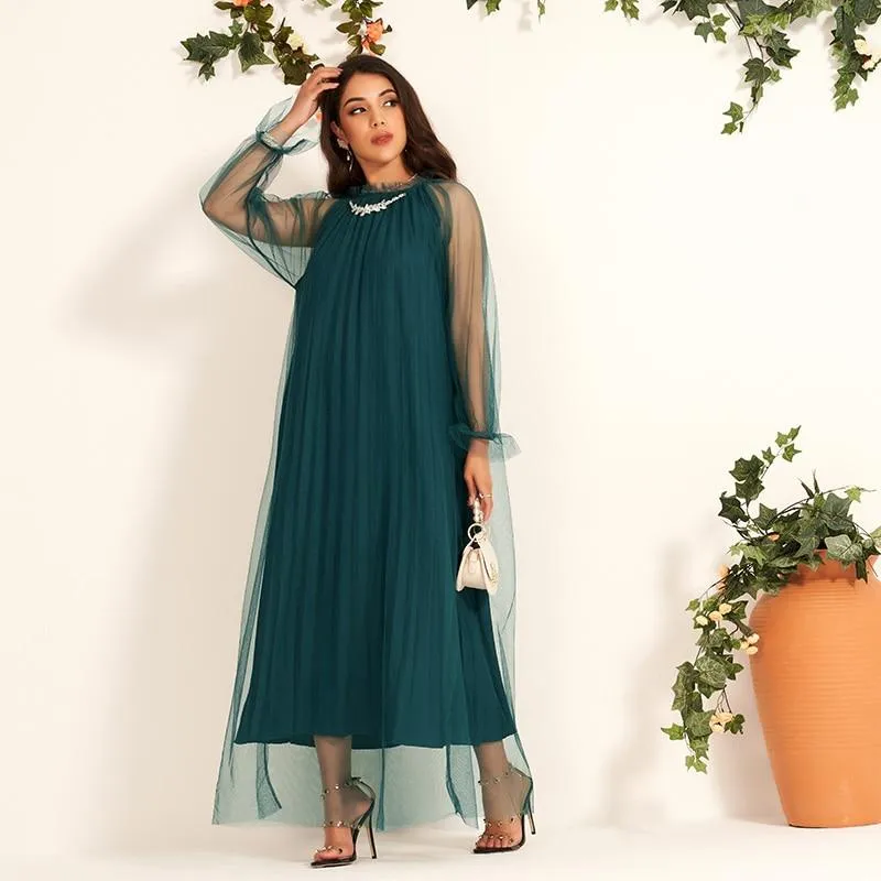 FashionSierra - Women's Long Dress Diamond Decoration Simple Banquet Net Yarn Loose Lantern Sleeve Long-sleeved Dresses