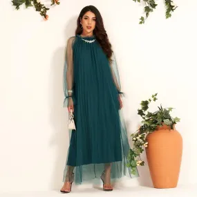 FashionSierra - Women's Long Dress Diamond Decoration Simple Banquet Net Yarn Loose Lantern Sleeve Long-sleeved Dresses