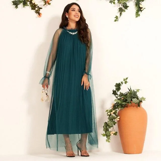 FashionSierra - Women's Long Dress Diamond Decoration Simple Banquet Net Yarn Loose Lantern Sleeve Long-sleeved Dresses