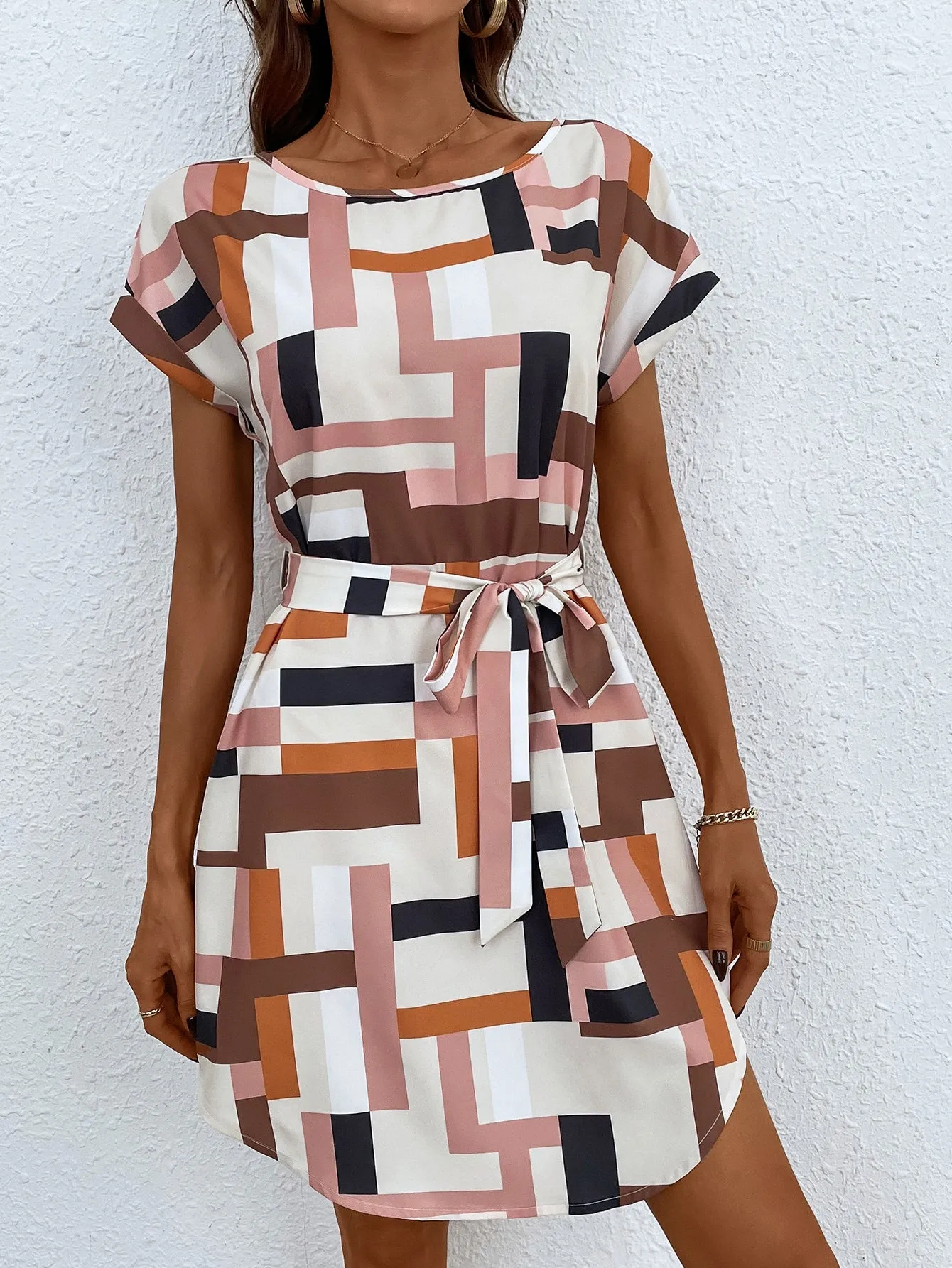 Geo Print Batwing Sleeve Curved Hem Belted Dress