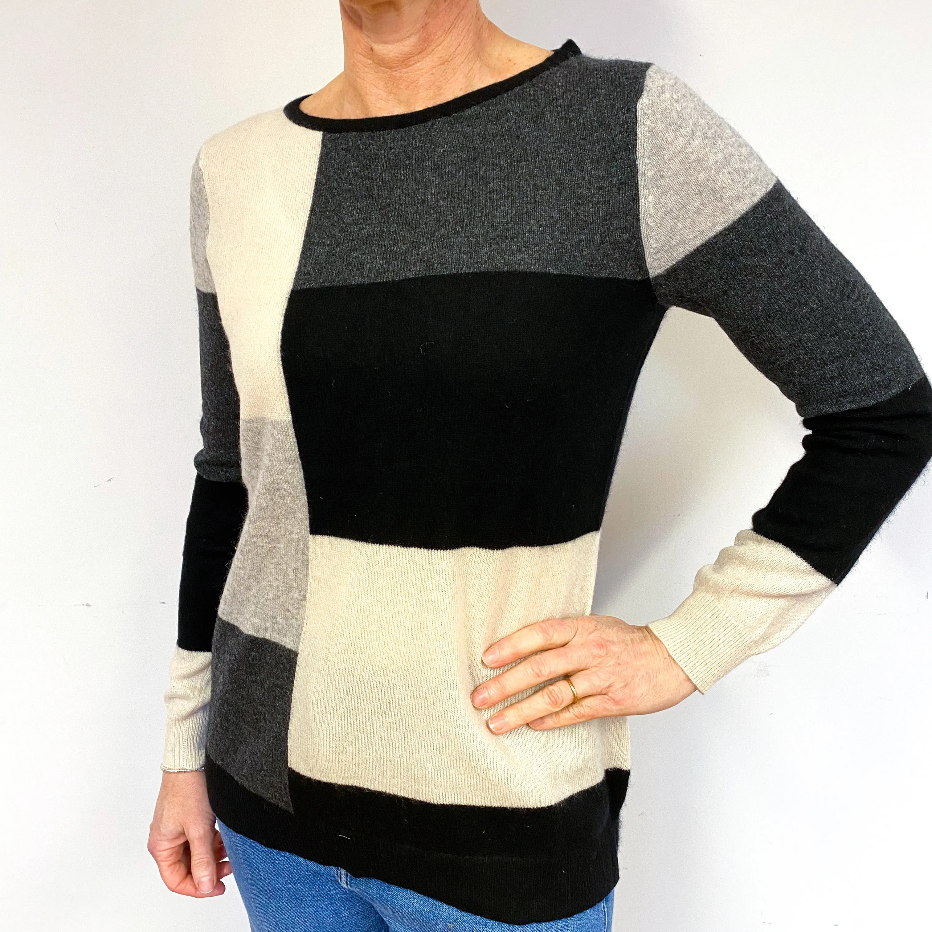 Grey Cream Colour Block Cashmere Crew Neck Jumper Medium