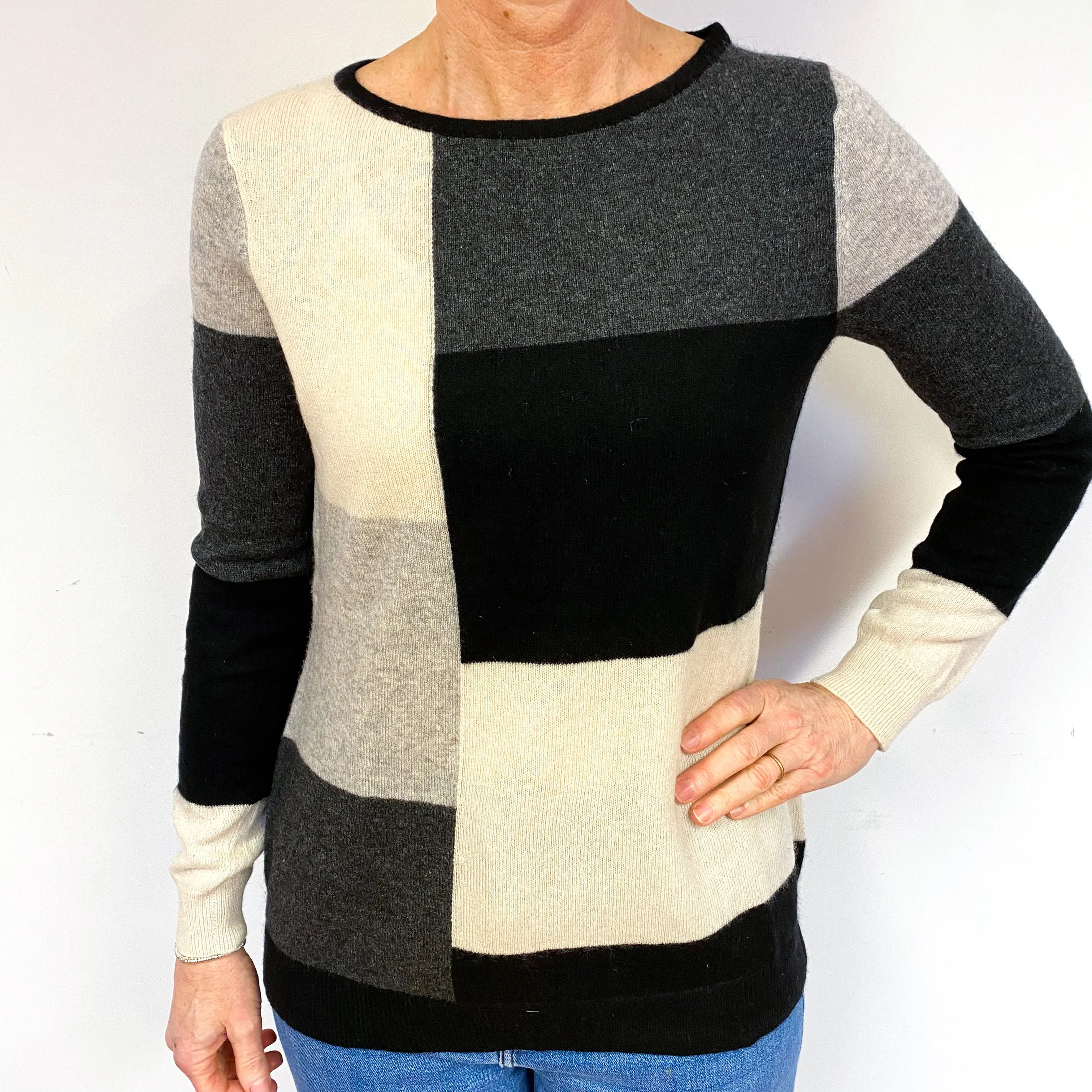 Grey Cream Colour Block Cashmere Crew Neck Jumper Medium