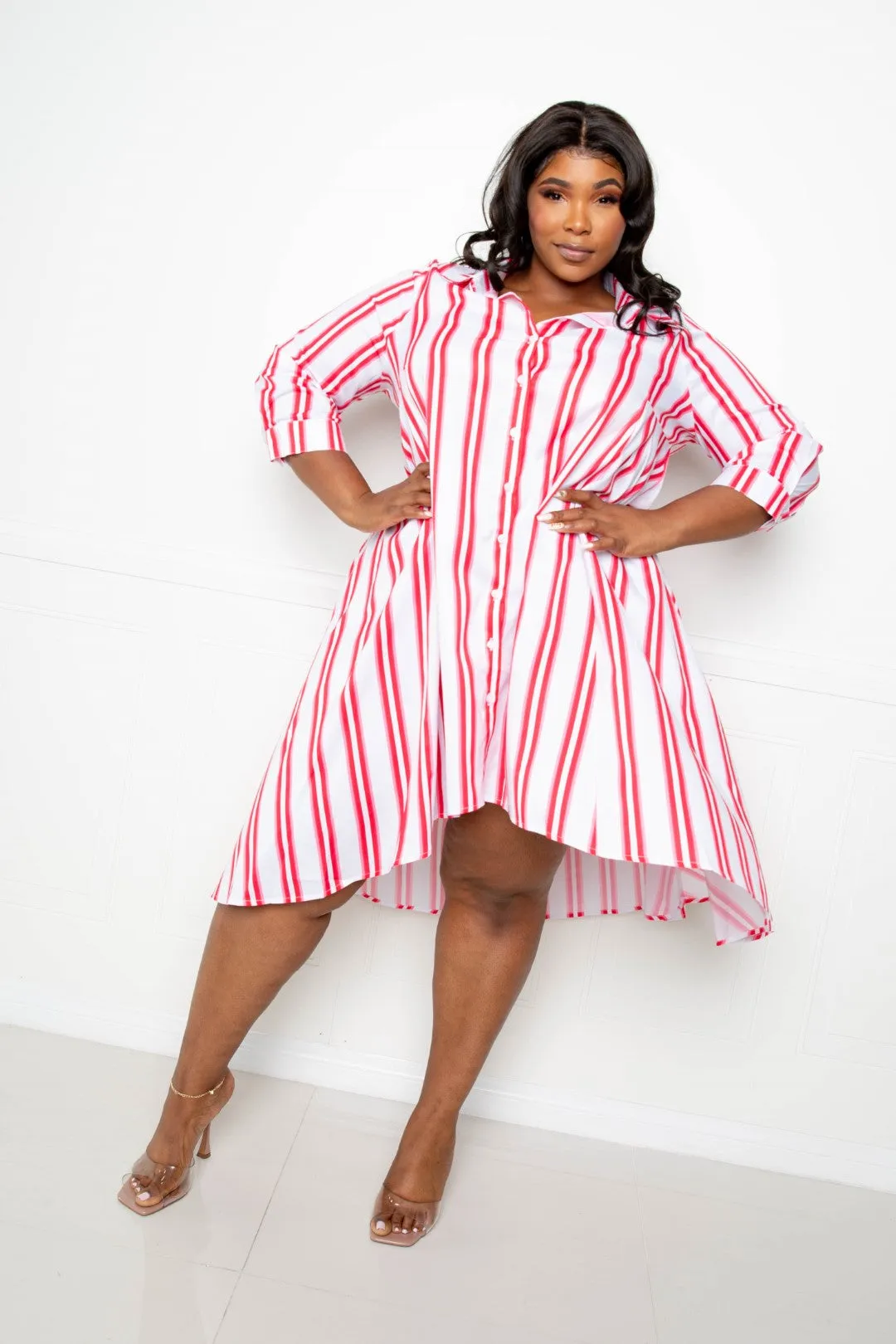 Hot Pink Smart Casual Stripe Shirt Women's Dress