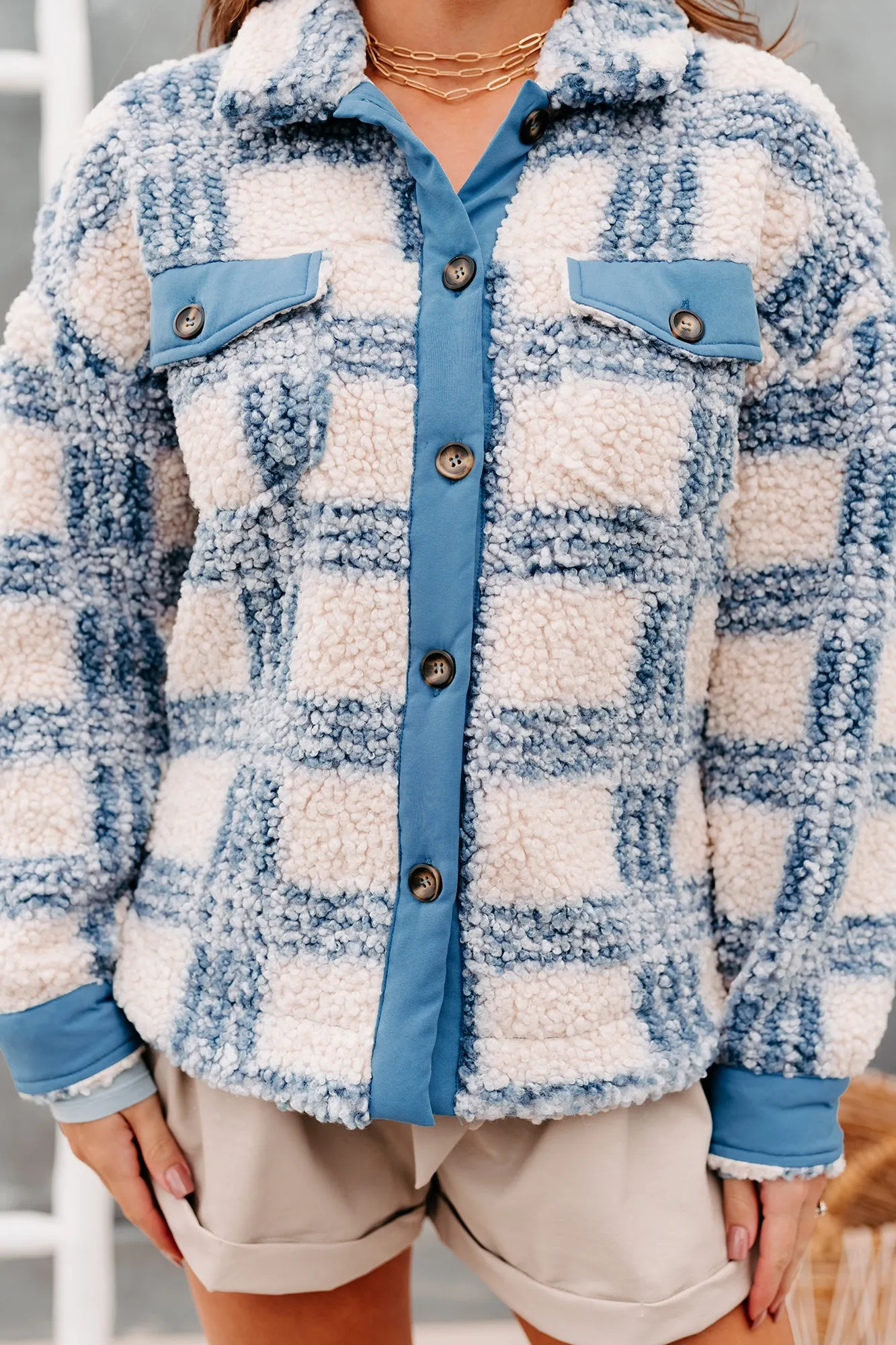 Keep Me Honest Plaid Sherpa Jacket (Blue)
