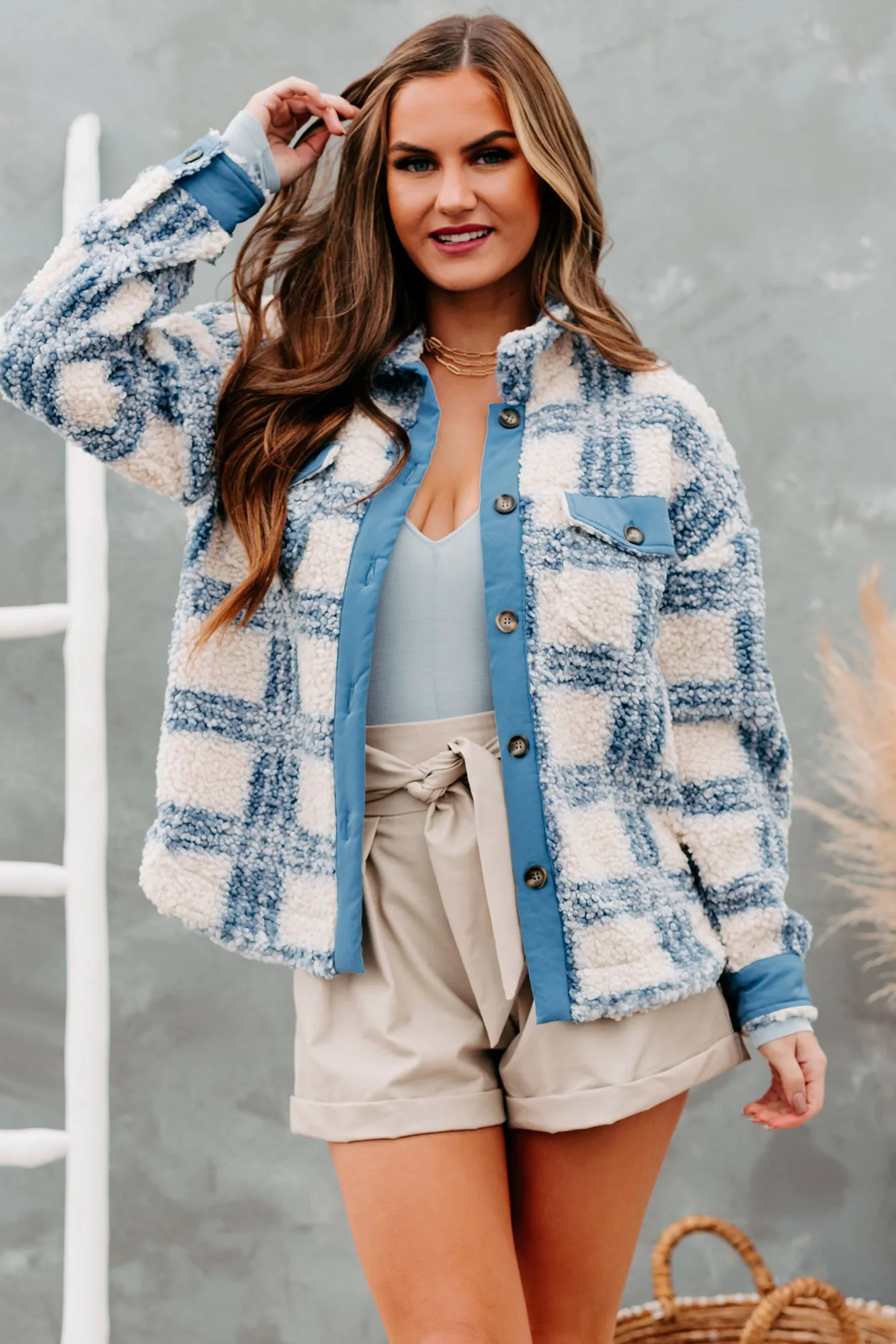Keep Me Honest Plaid Sherpa Jacket (Blue)