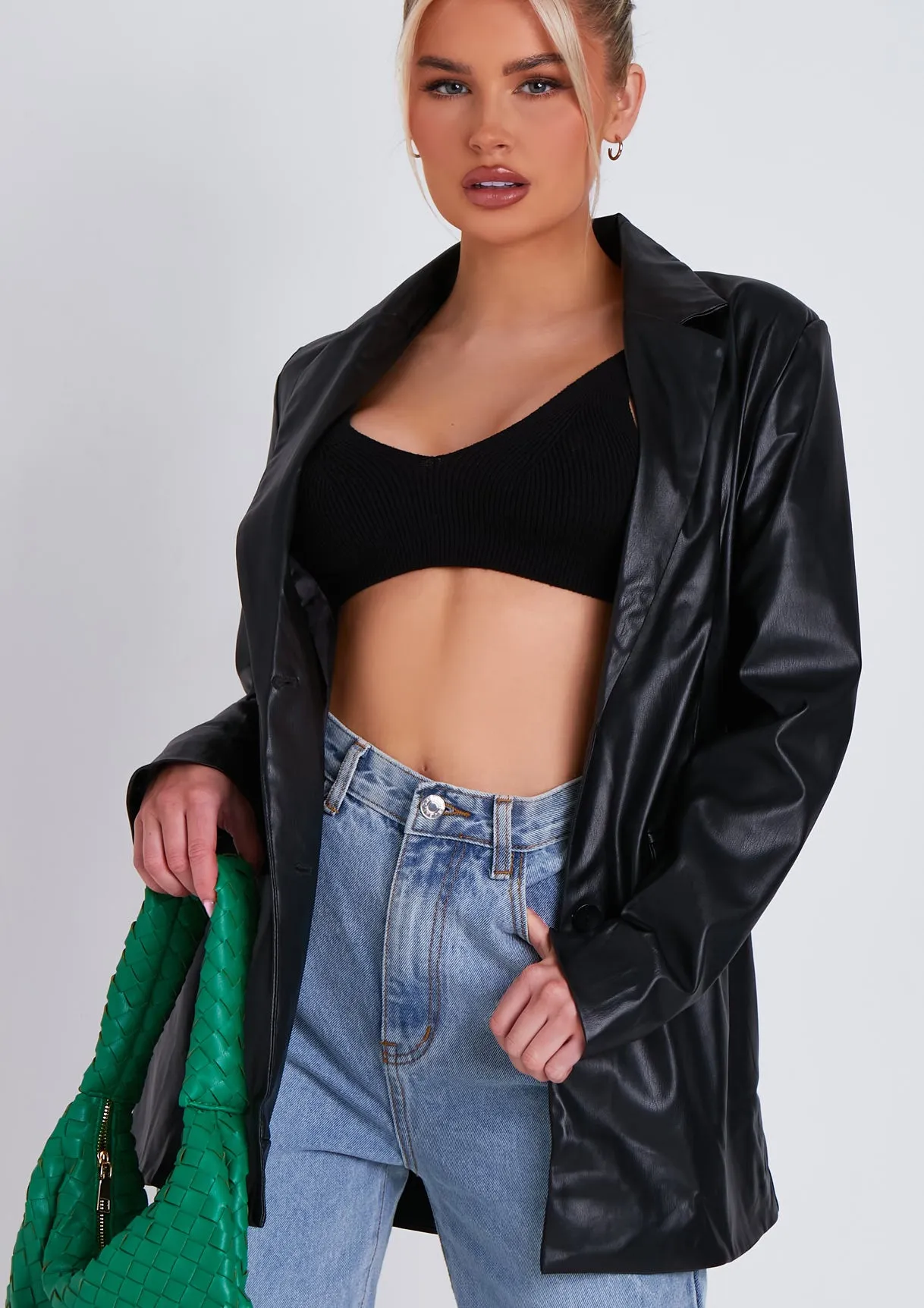 Kelly Black Faux Leather Oversized Blazer