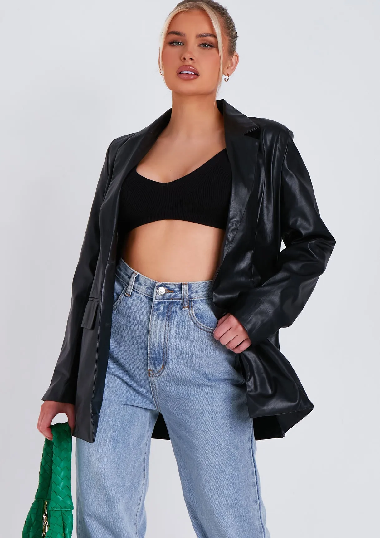 Kelly Black Faux Leather Oversized Blazer