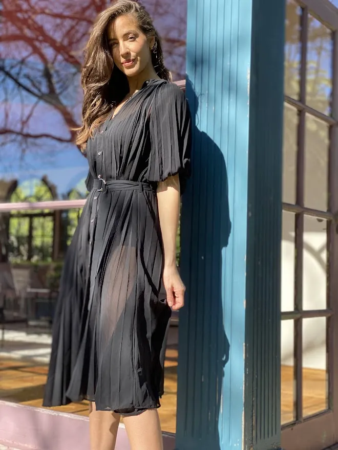 LA1205-3SS Chiffon Pleated Midi Dress