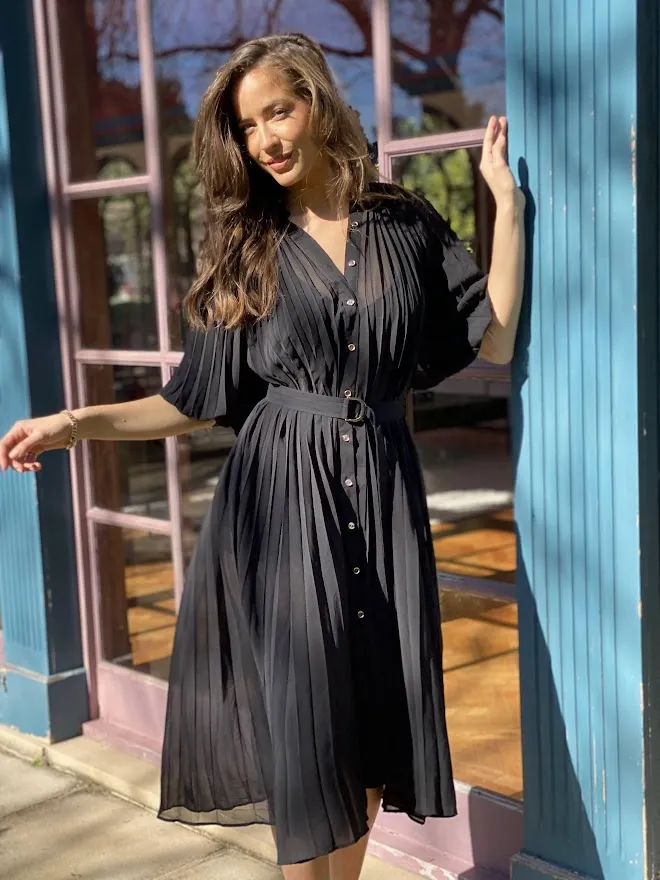 LA1205-3SS Chiffon Pleated Midi Dress