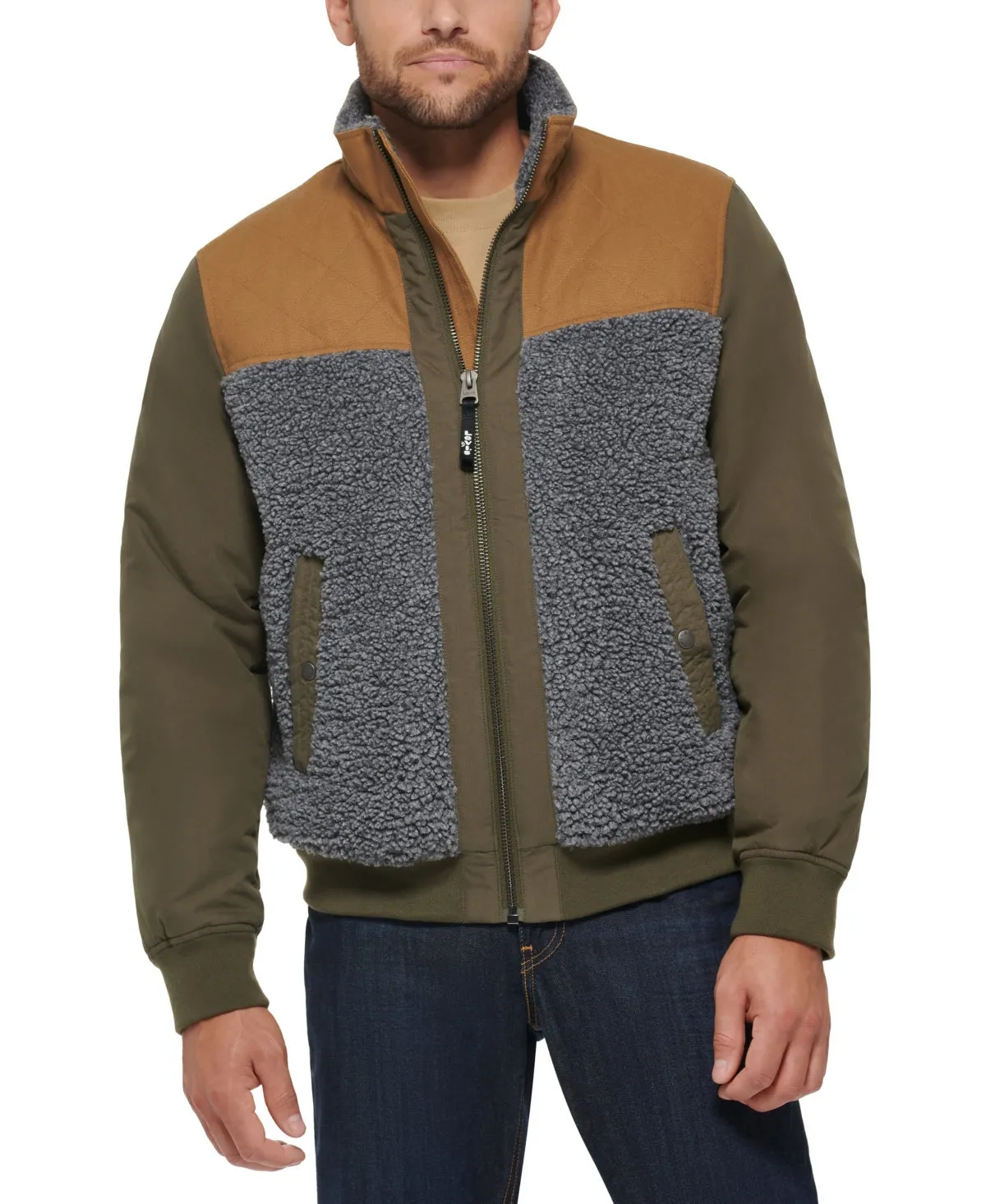 Levis Mens Mixed Media Sherpa Bomber Jacket Coat Olive Green Brown XL