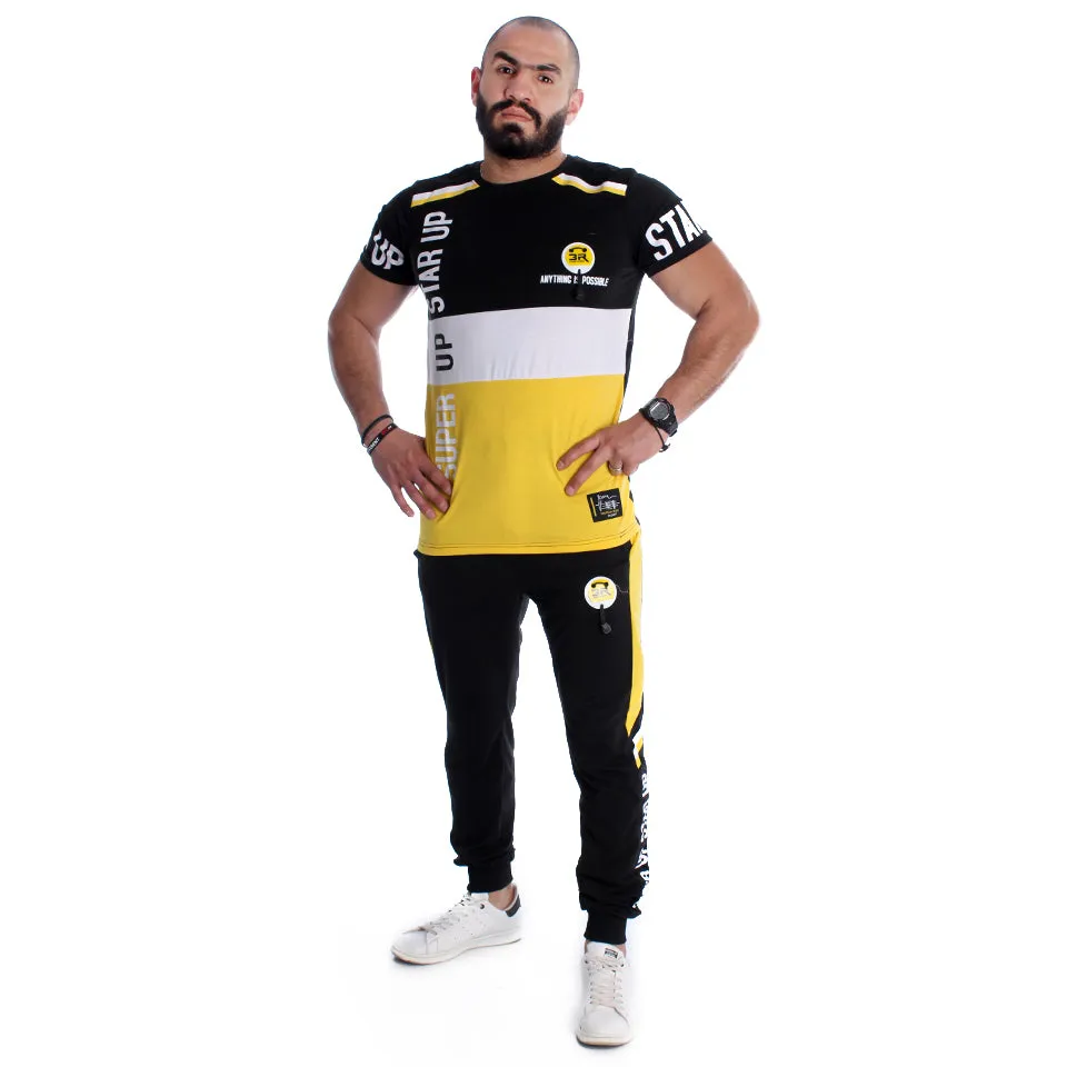 Men Training Suit Black / white and yellow-7023