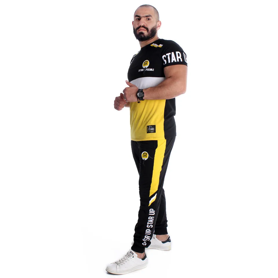 Men Training Suit Black / white and yellow-7023