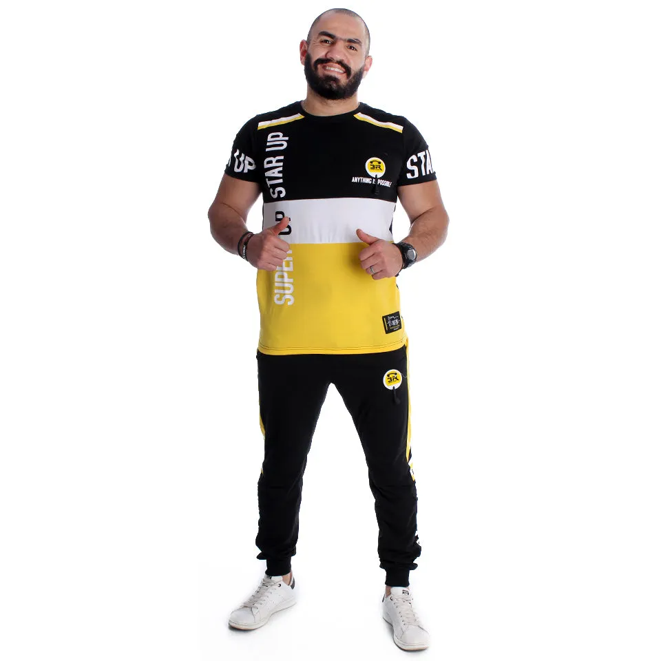 Men Training Suit Black / white and yellow-7023