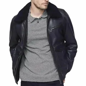 Men’s Bomber Black Leather Jacket with Sherpa Collar Stylish & Warm