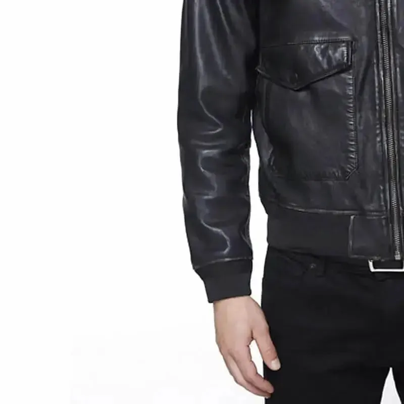 Men’s Bomber Black Leather Jacket with Sherpa Collar Stylish & Warm