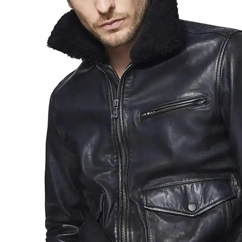 Men’s Bomber Black Leather Jacket with Sherpa Collar Stylish & Warm