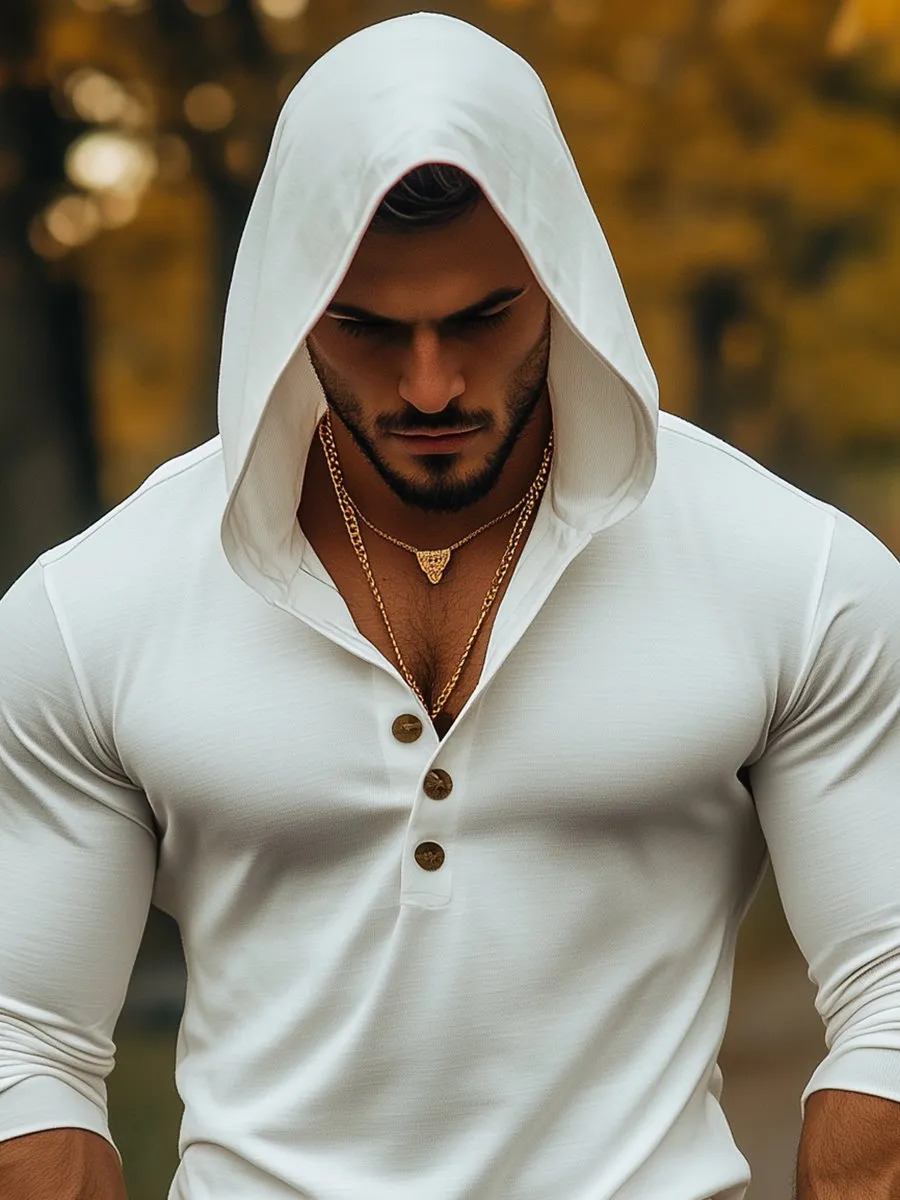 Men's Casual Solid Color Long Sleeve Hooded T-Shirt
