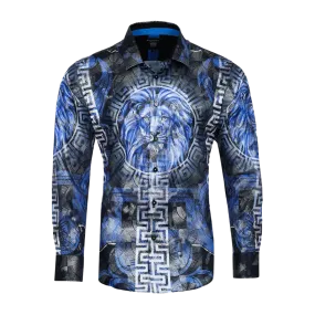Men's Long Sleeve Button Down Dress Shirt Roar Lion Blue Black White Leaf Tiger