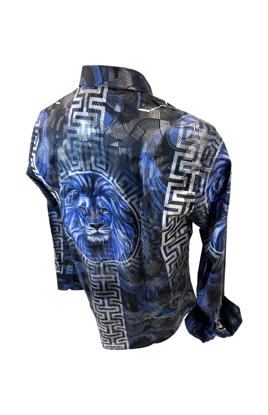 Men's Long Sleeve Button Down Dress Shirt Roar Lion Blue Black White Leaf Tiger