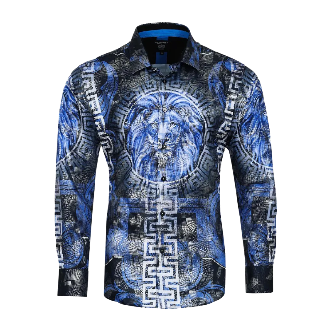 Men's Long Sleeve Button Down Dress Shirt Roar Lion Blue Black White Leaf Tiger