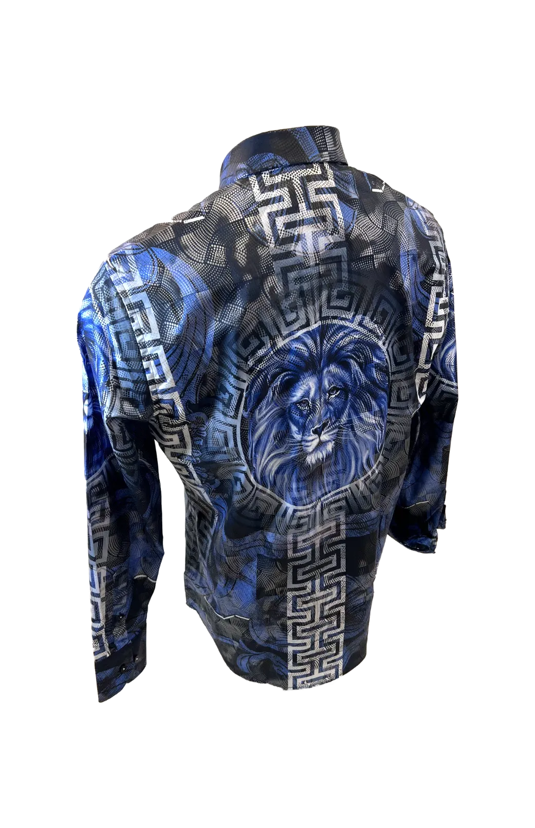 Men's Long Sleeve Button Down Dress Shirt Roar Lion Blue Black White Leaf Tiger