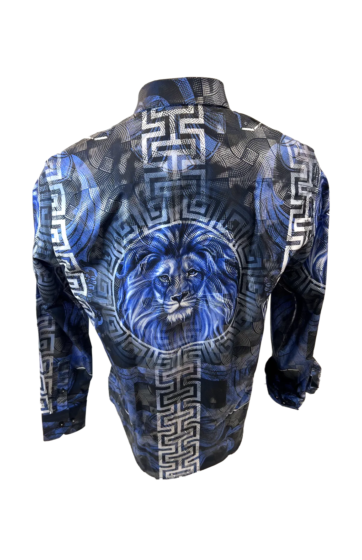 Men's Long Sleeve Button Down Dress Shirt Roar Lion Blue Black White Leaf Tiger
