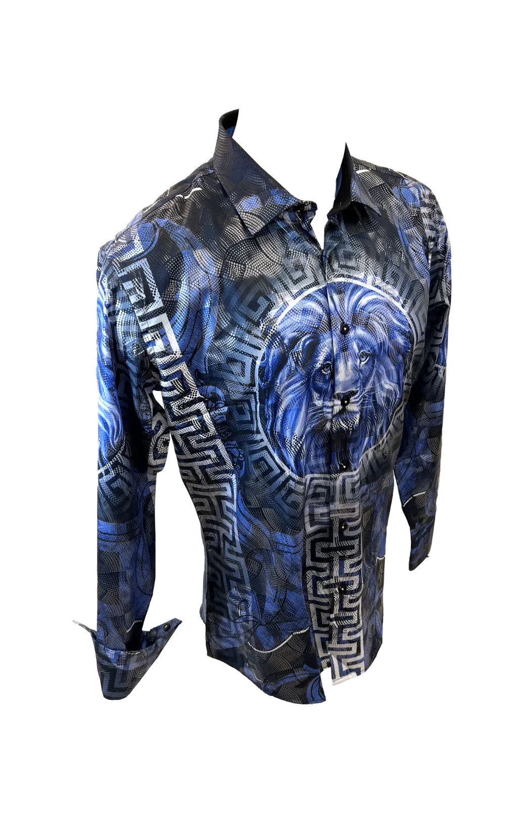 Men's Long Sleeve Button Down Dress Shirt Roar Lion Blue Black White Leaf Tiger