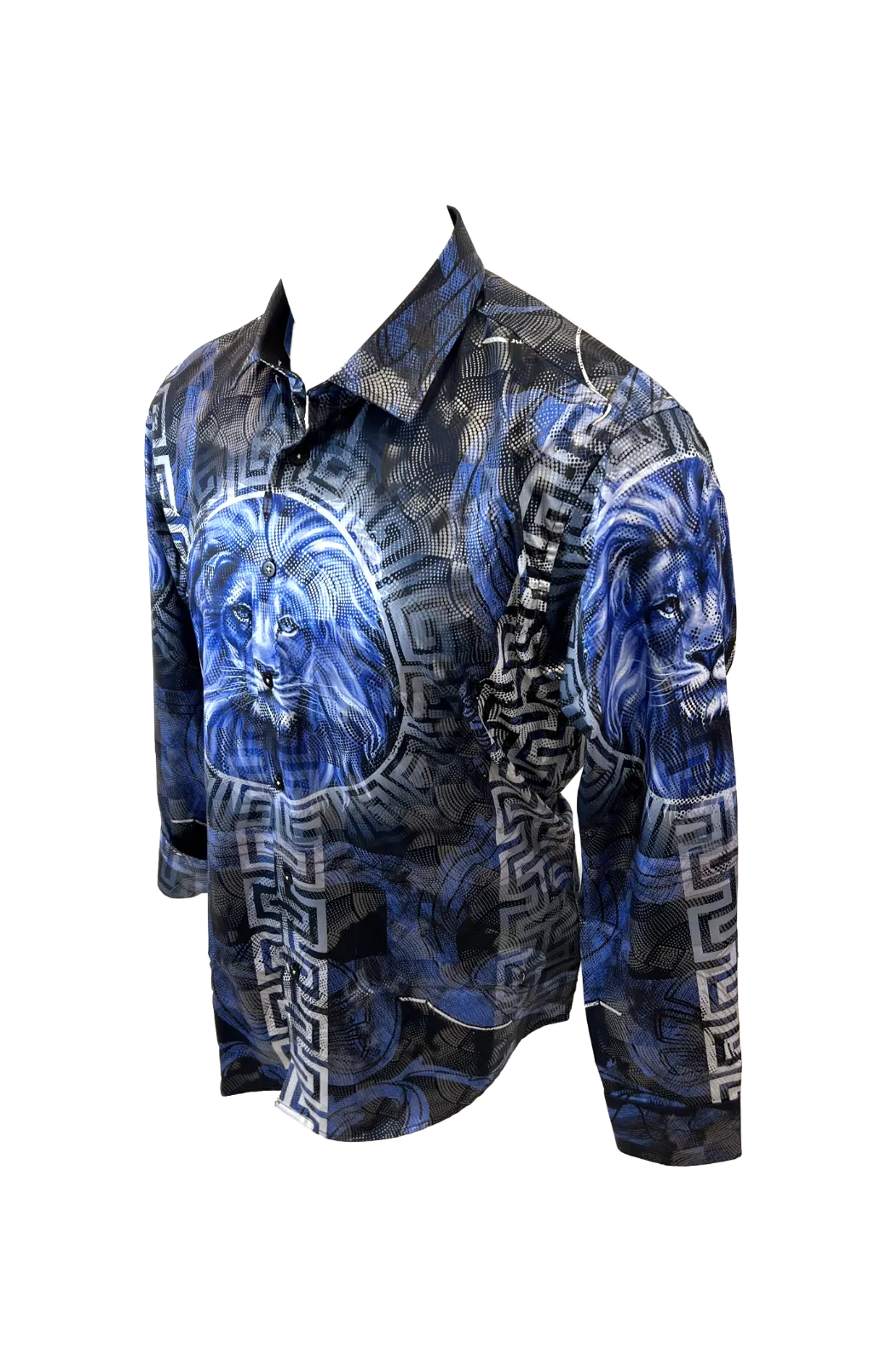 Men's Long Sleeve Button Down Dress Shirt Roar Lion Blue Black White Leaf Tiger