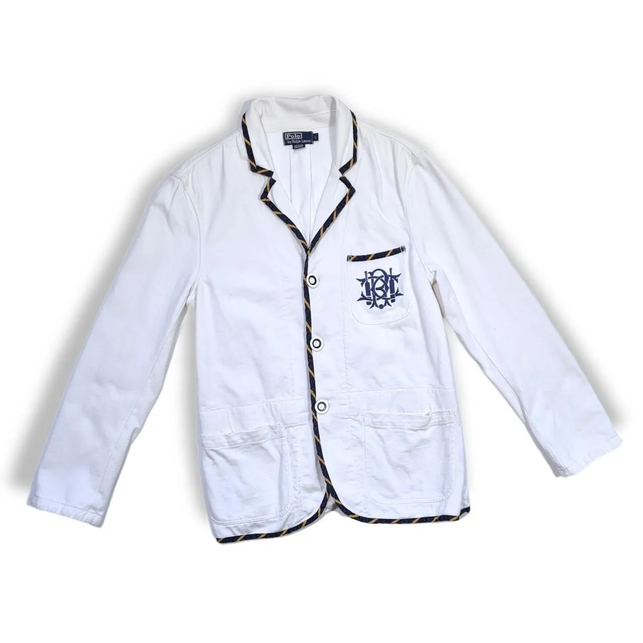 Men's Outerwear Blazer Jacket Cotton White with Embroidery on the Front Pocket Size Large