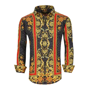 Men's PREMIERE Red Black Grey Gold Floral Tribal Paisley Long Sleeve Button Down Dress Shirt