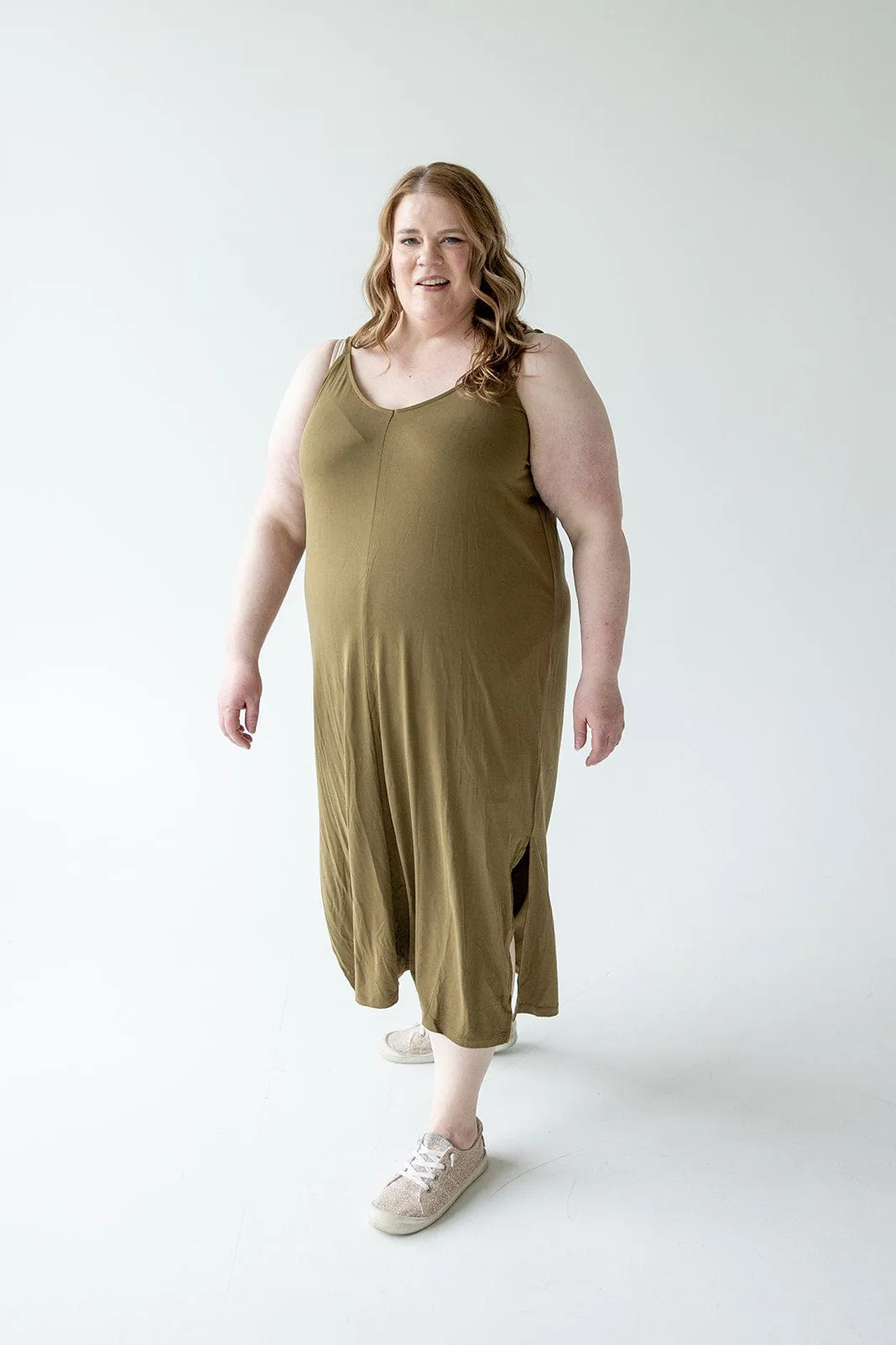 MIDI LENGTH SLIP DRESS IN ARMY