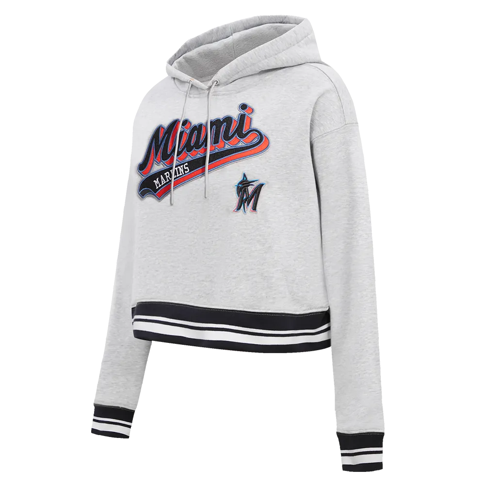 MLB MIAMI MARLINS SCRIPT TAIL WOMEN'S RIB FLC CROPPED PO HOODIE (HEATHER GRAY/BLACK)