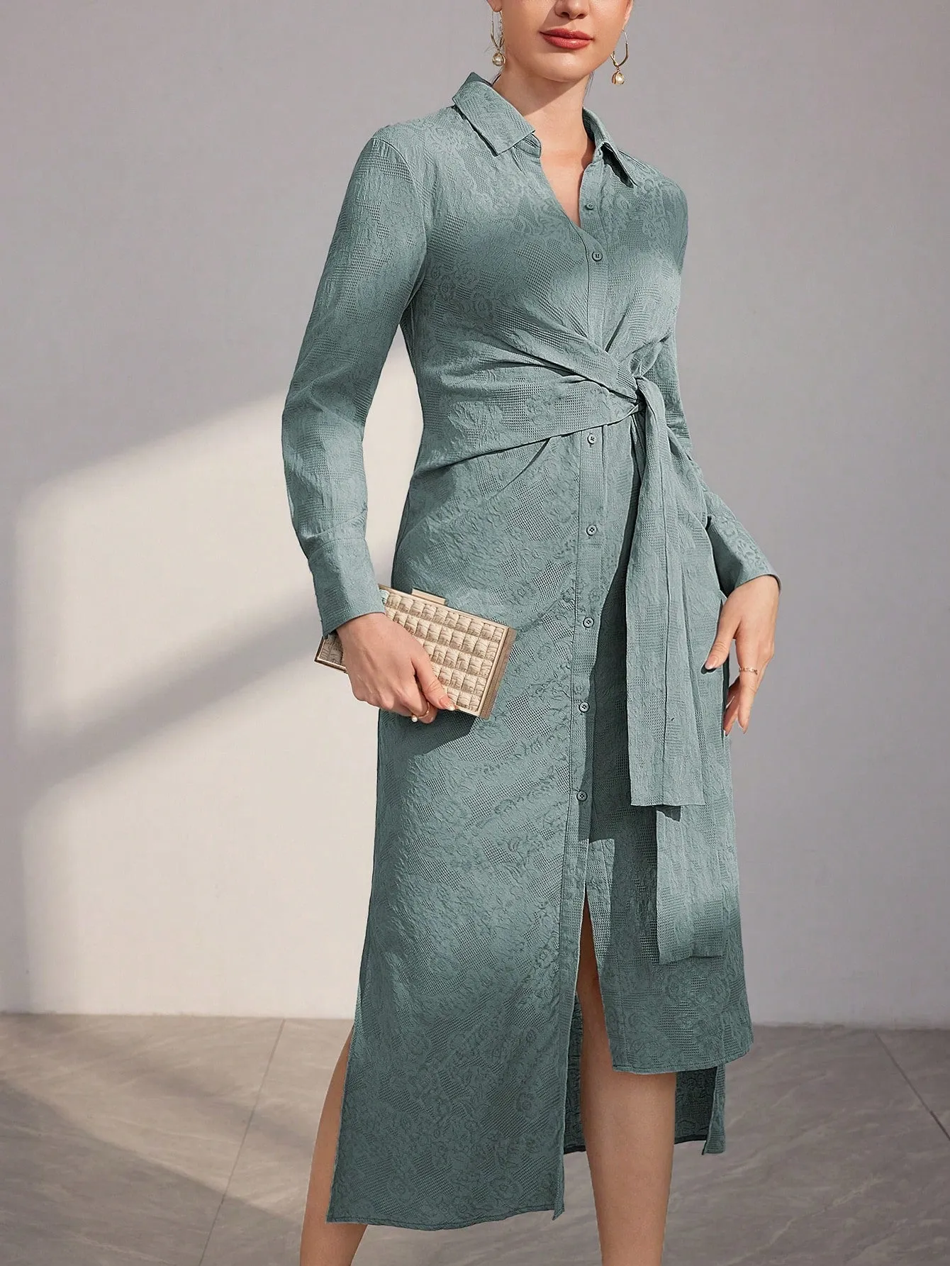 Modely Women's Long Sleeve Tie Front Shirt Dress
