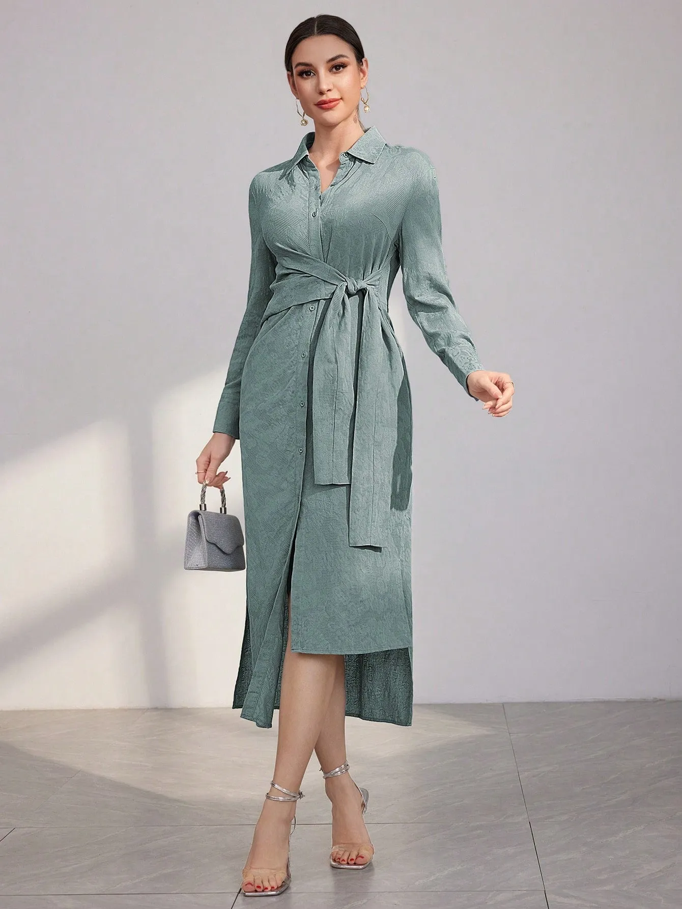 Modely Women's Long Sleeve Tie Front Shirt Dress
