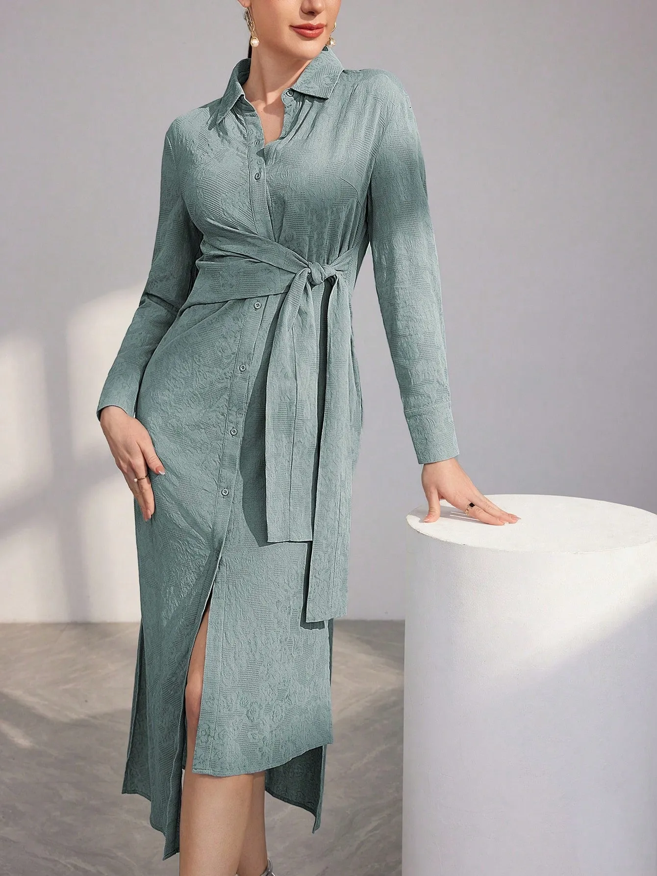 Modely Women's Long Sleeve Tie Front Shirt Dress