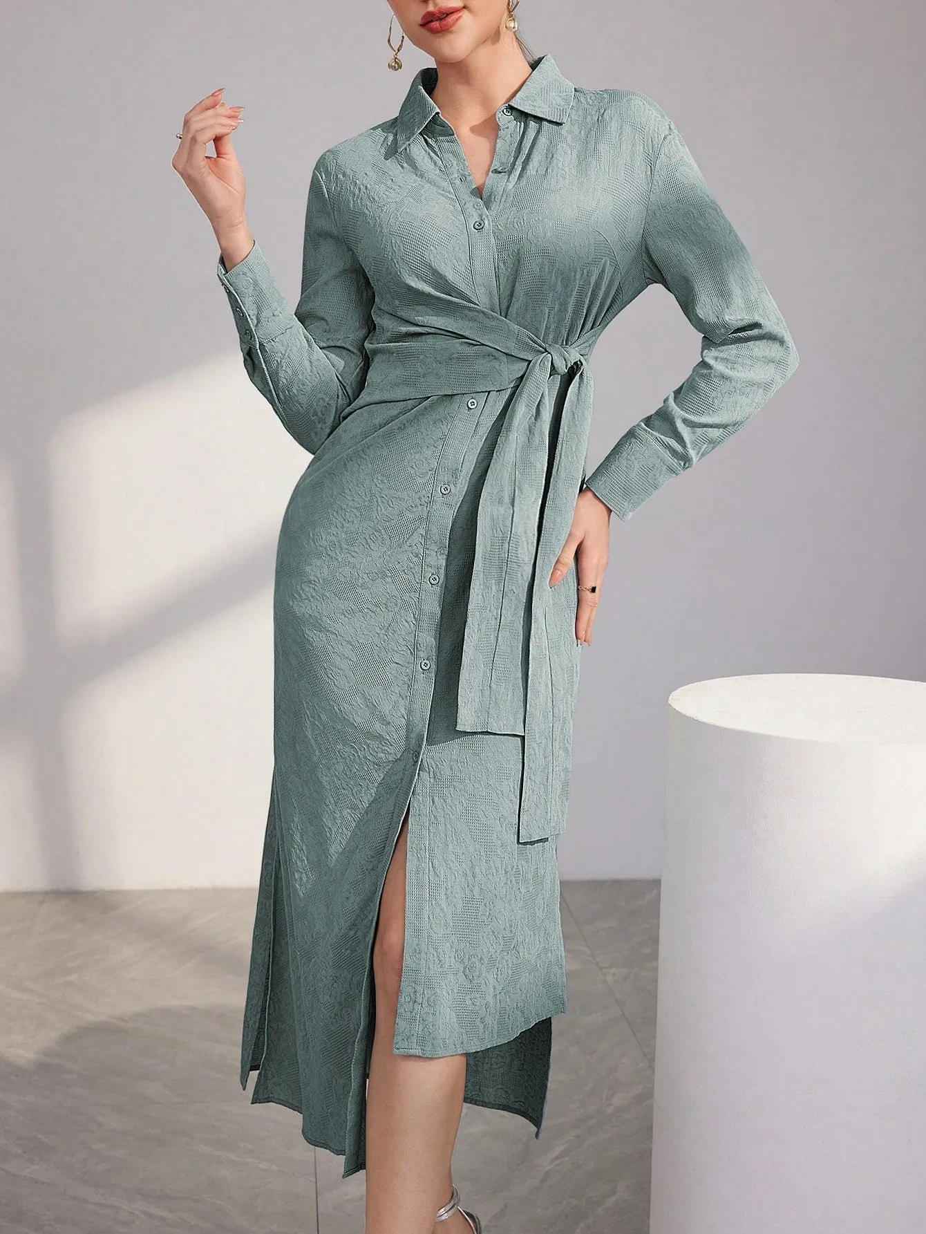 Modely Women's Long Sleeve Tie Front Shirt Dress