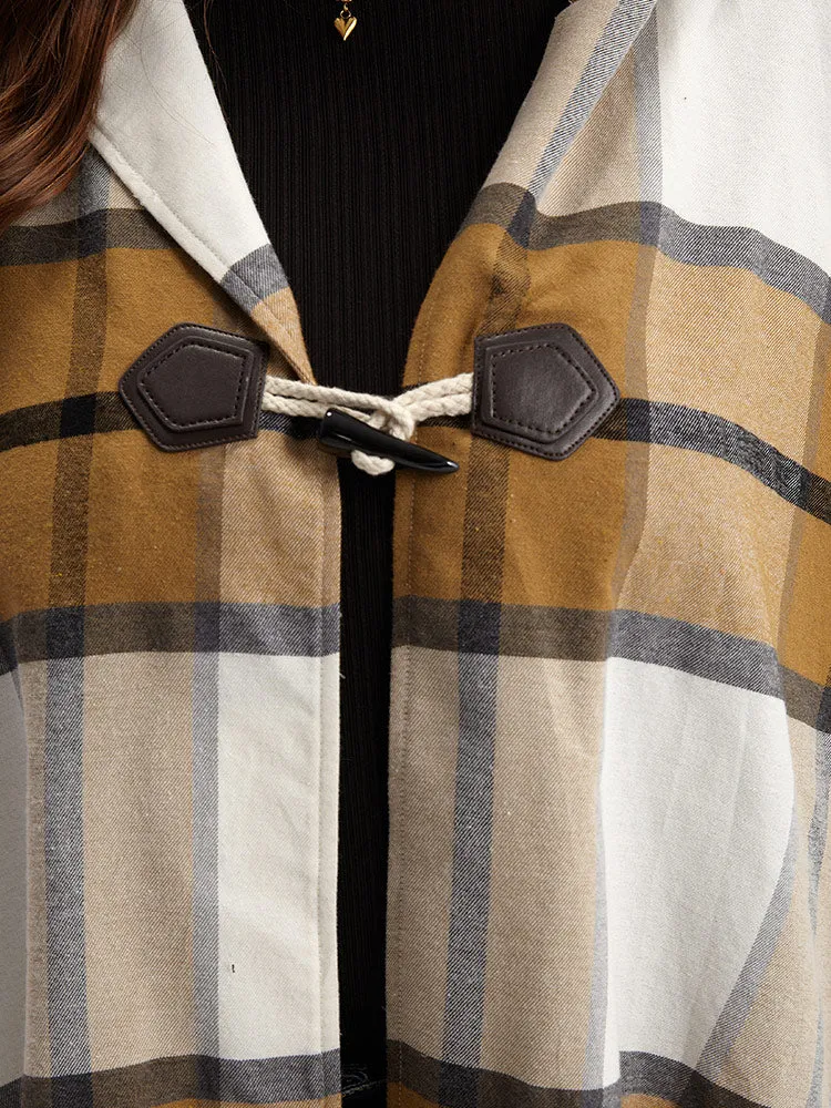 Plaid Duffle Button Hooded Cape Coat