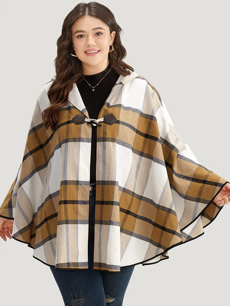 Plaid Duffle Button Hooded Cape Coat