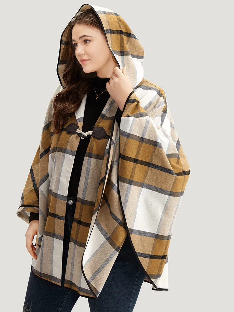 Plaid Duffle Button Hooded Cape Coat