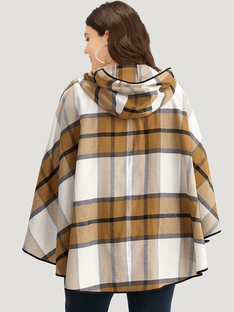 Plaid Duffle Button Hooded Cape Coat