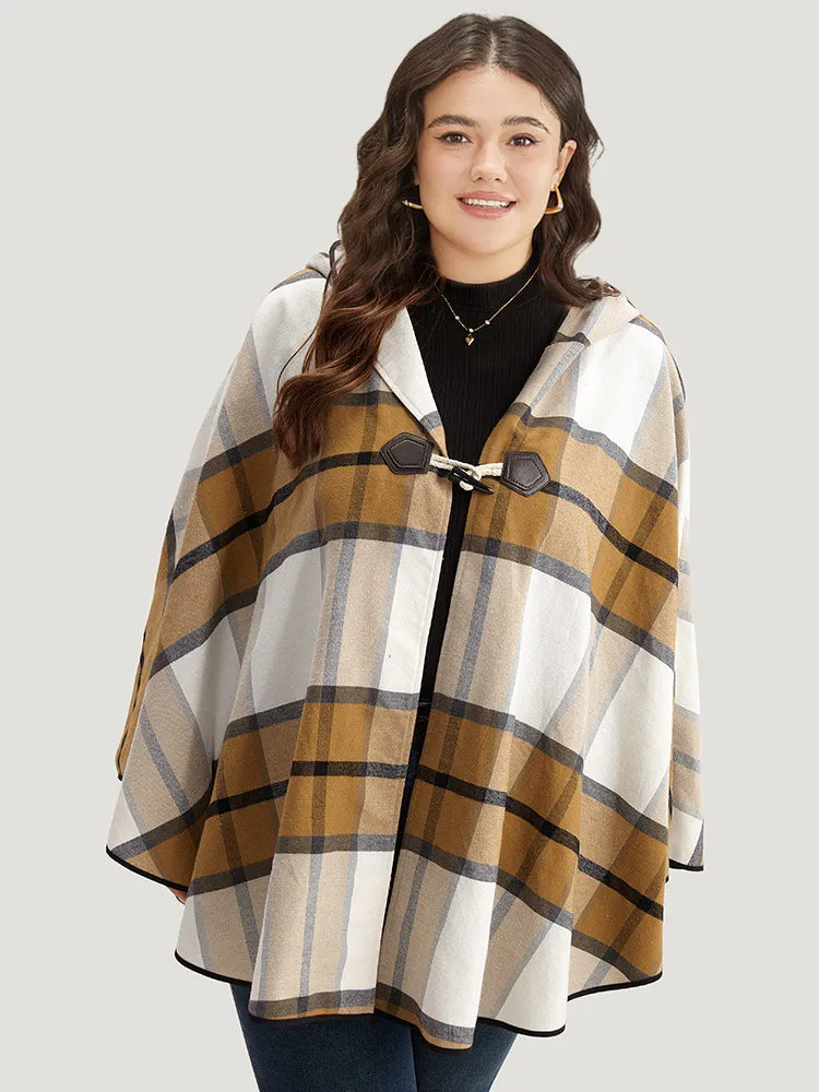 Plaid Duffle Button Hooded Cape Coat